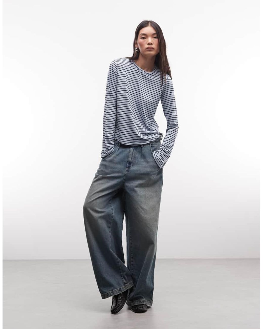 Monki Blue Long Fluted Sleeve Stripe Jersey Top
