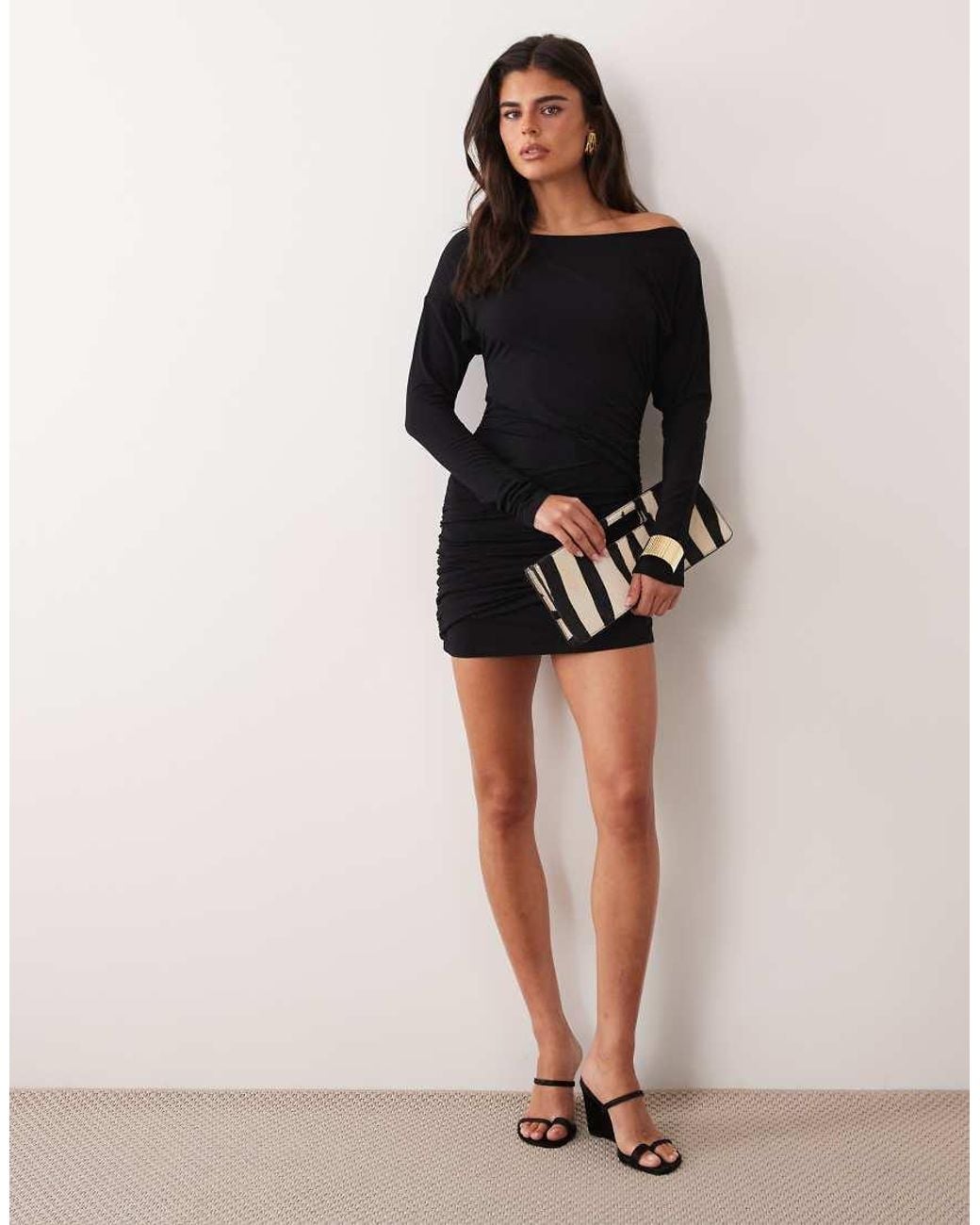 ASOS Black Long Sleeve Slash Neck Mini Dress With Asymmetric Ruched Side