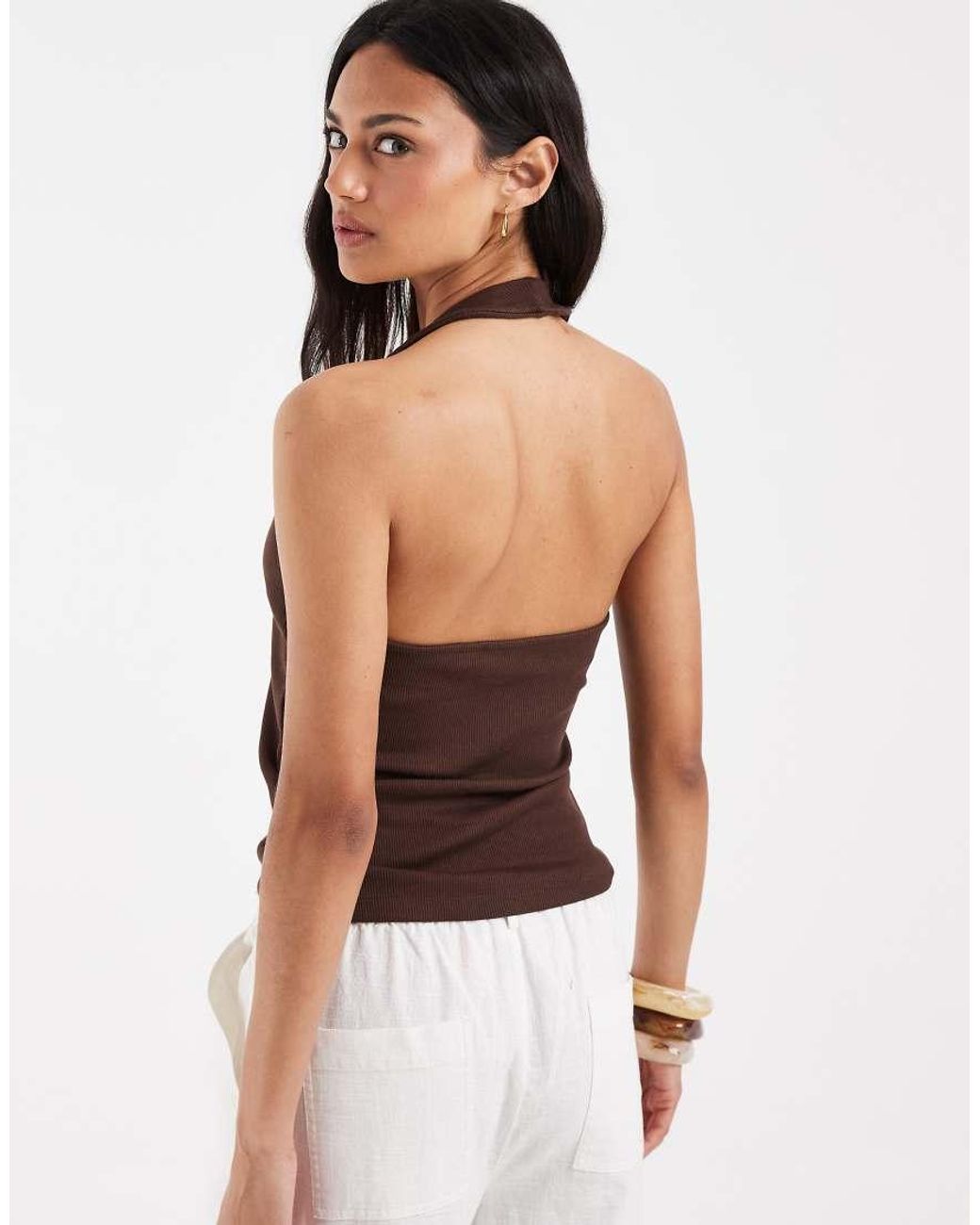 Pieces White Halter Neck Ribbed Cotton Top