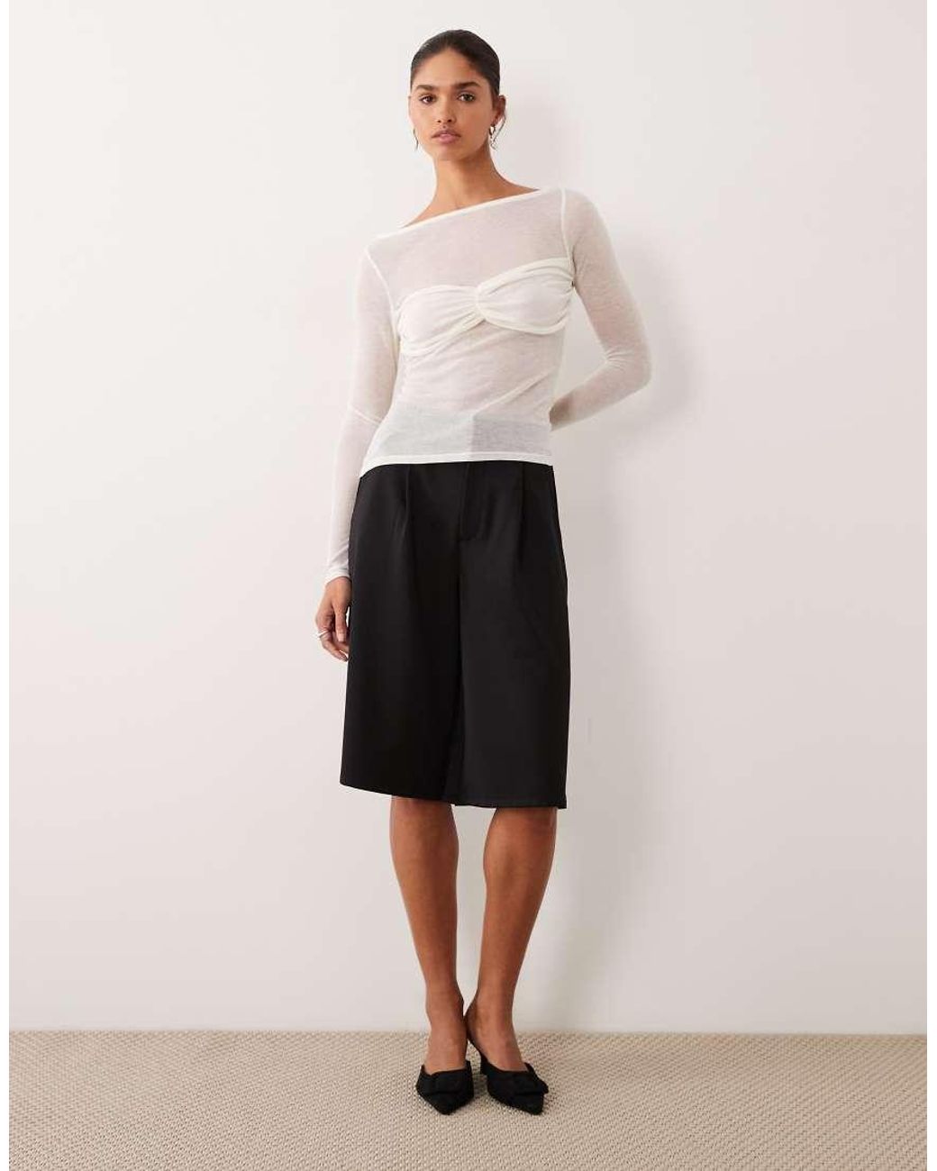 ASOS White Knit-look Semi Sheer Long Sleeve Top With Ruched Bust Overlay