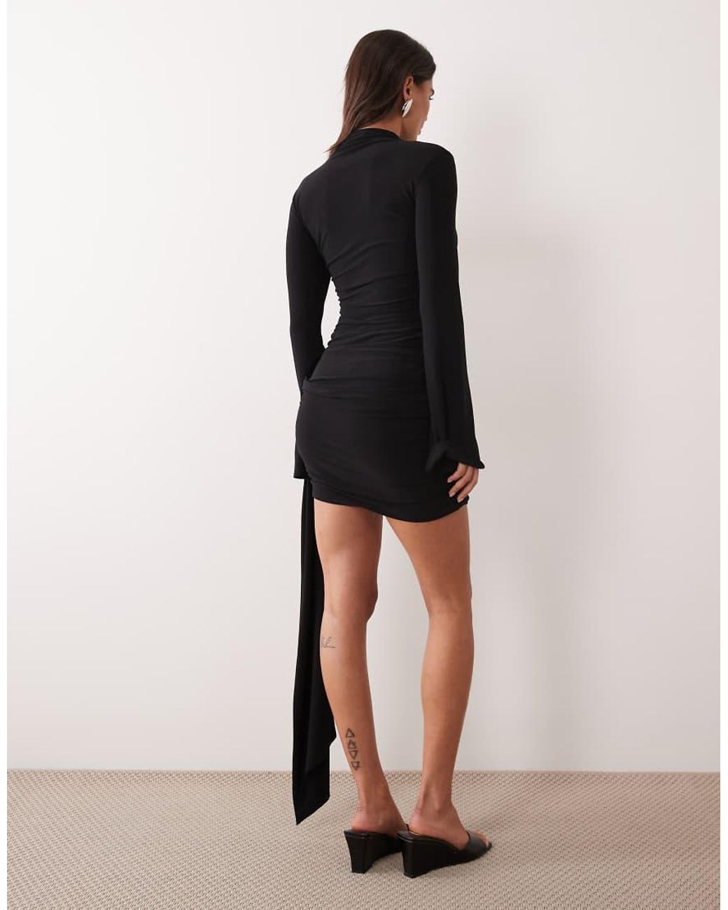 ASOS Black Mesh Mini Bodycon High Neck Ruched Dress With exaggerated Sash Detail