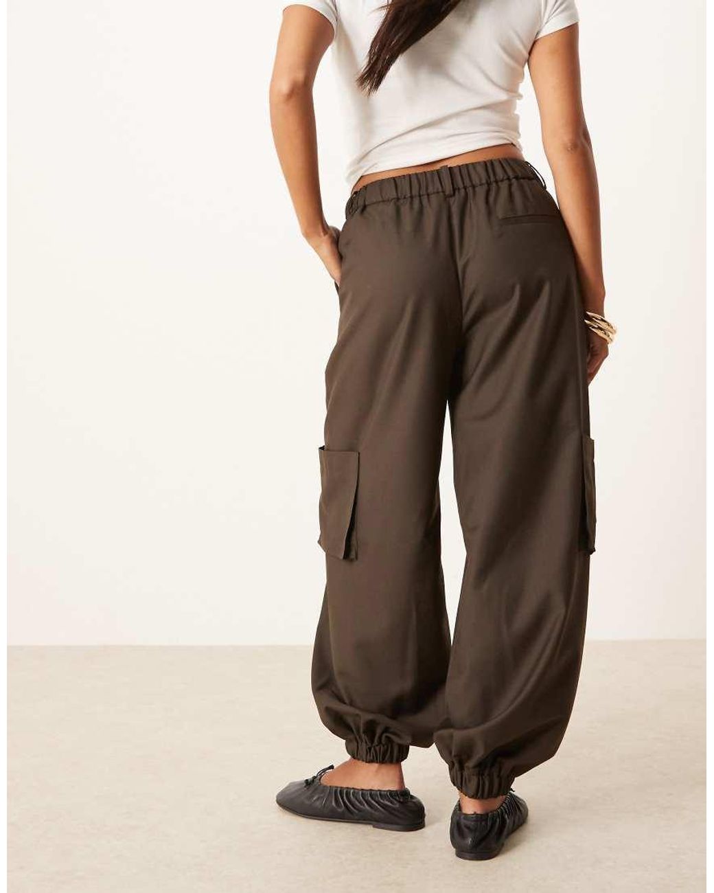 ASOS Brown Petite Tailored Straight Leg Trousers With Cuff And Utility Pocket Detail