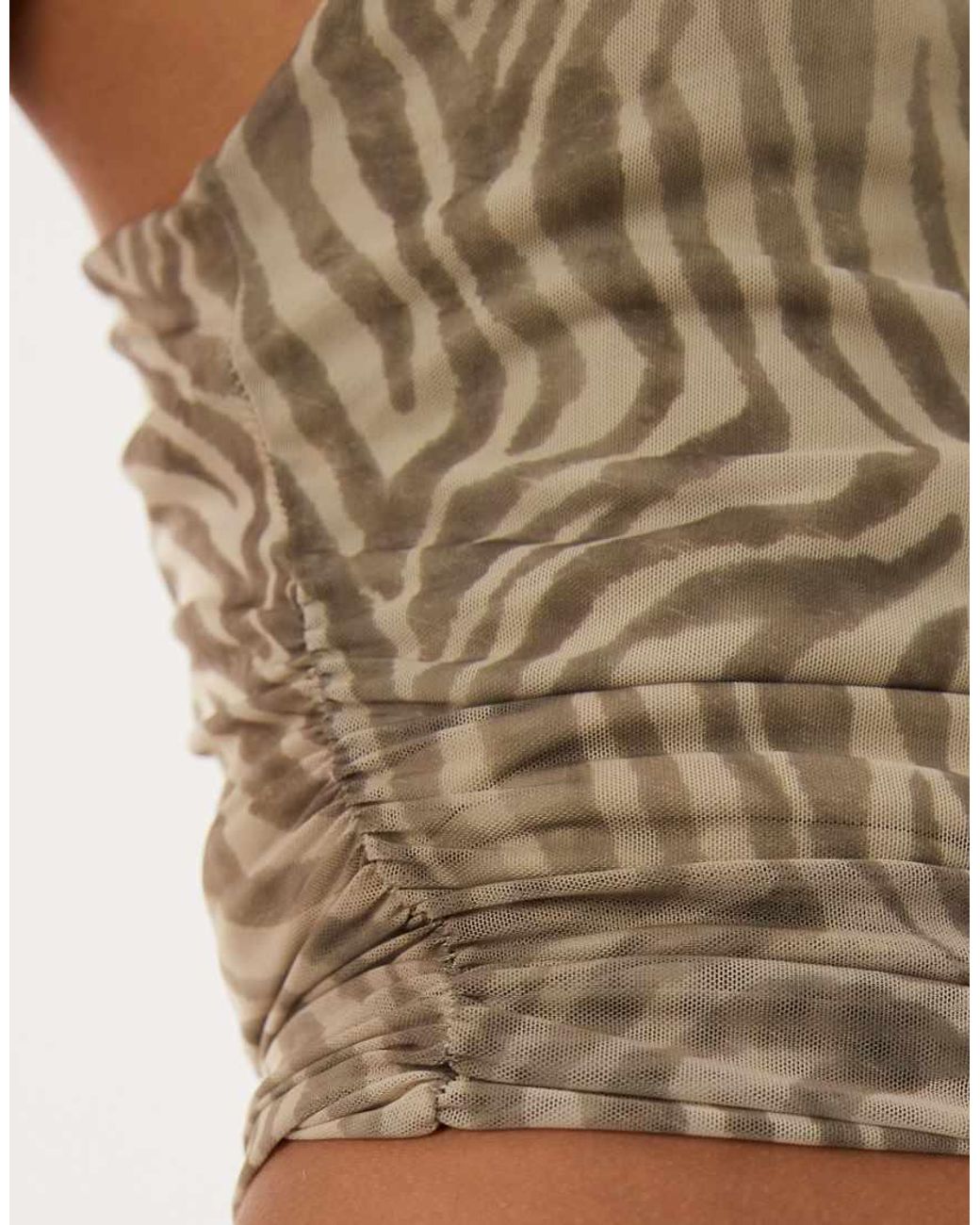Mango Brown Mesh Asymmetric Short Sleeve Top