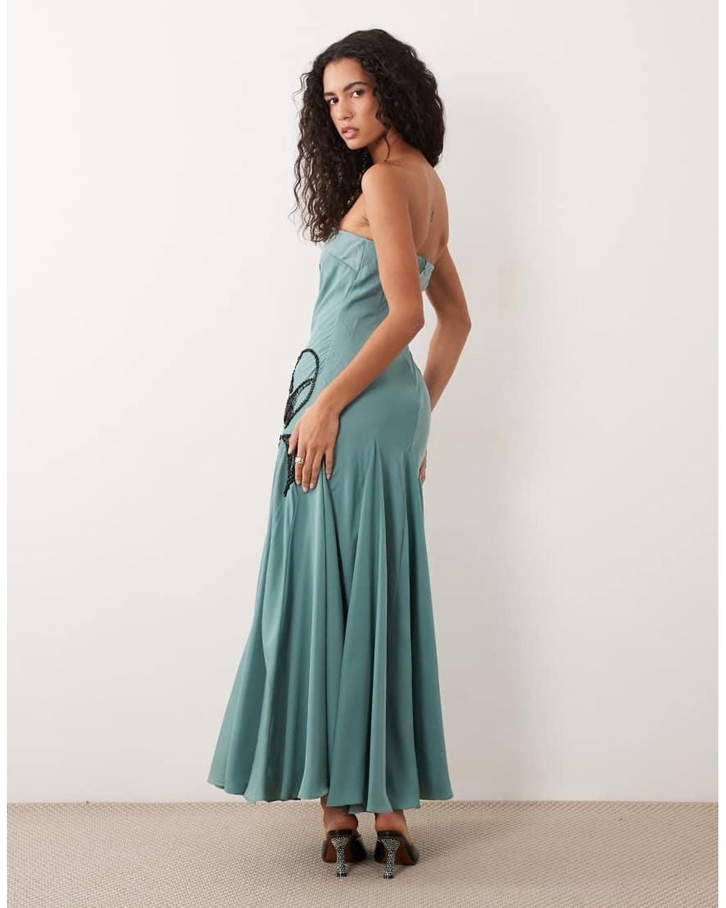 ASOS Blue Bandeau Full Hem Floral Placement Embellished Midaxi Dress