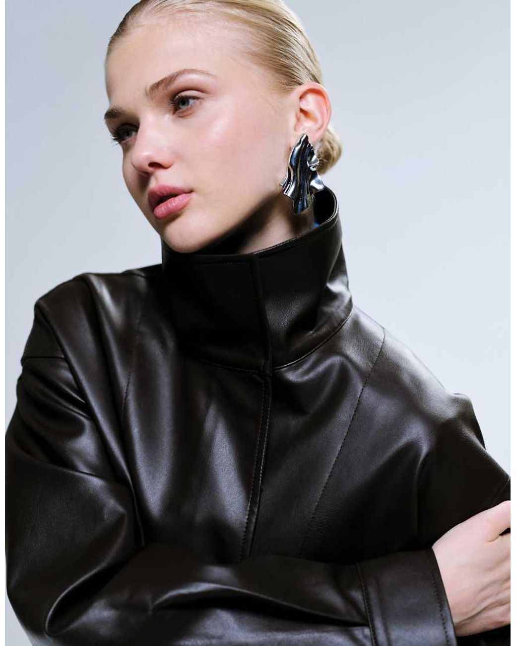 ASOS Gray Faux Leather Funnel Neck Jacket