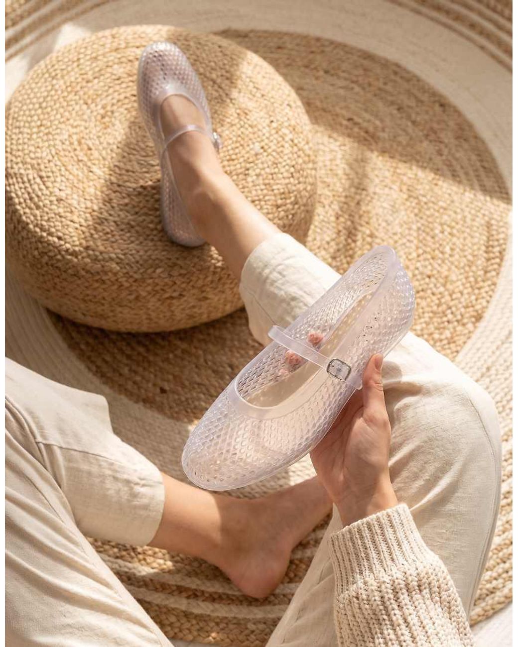 SEQWL White Flat Ballerinas Jelly Shoes With Adjustable Buckle Strap