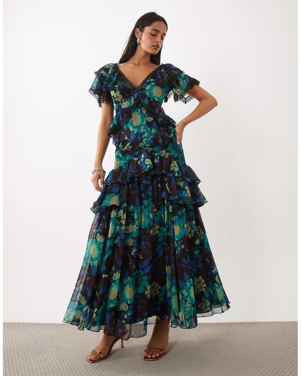 ASOS Multicolor Full Hem Ruffle Maxi Dress With Trim Detail And Open Back