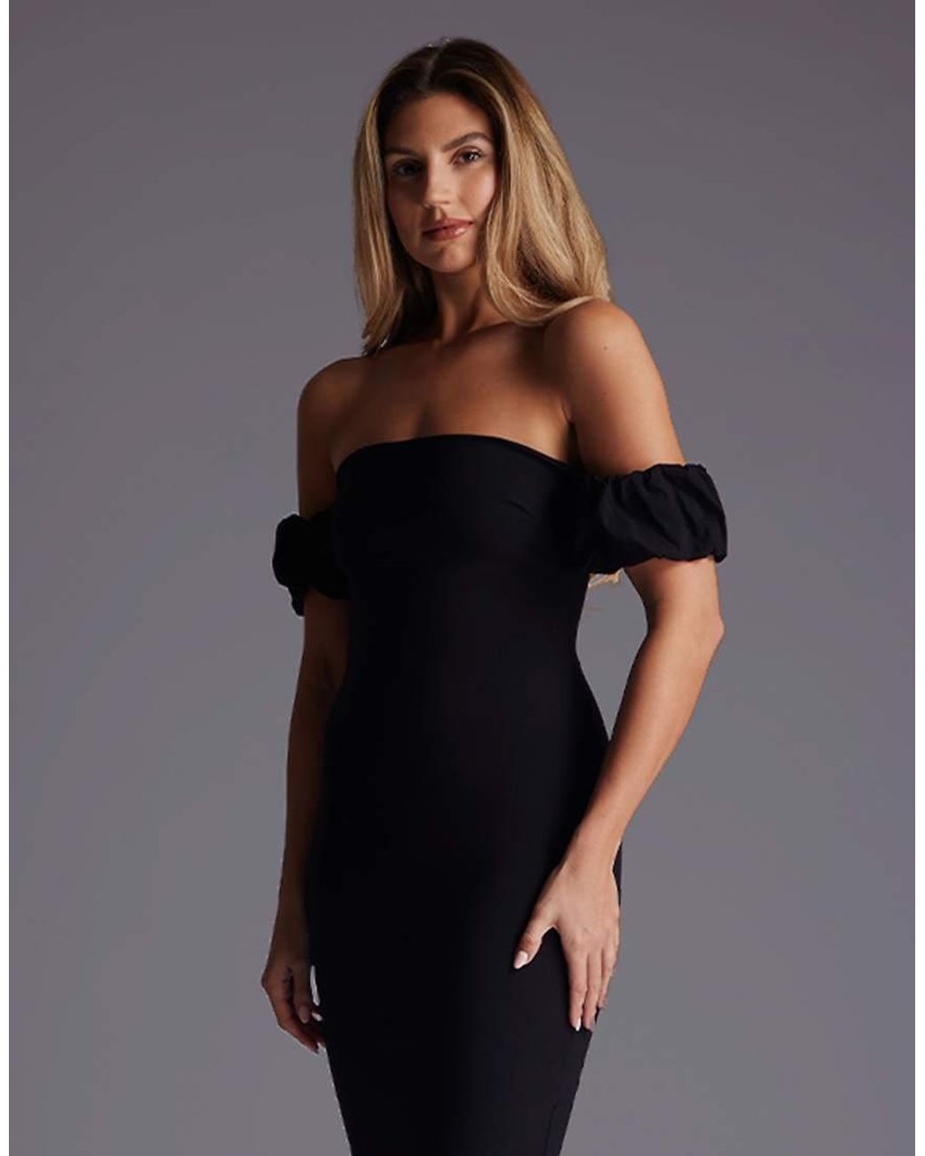 Vesper Blue Bardot Midaxi Dress With Puff Sleeves