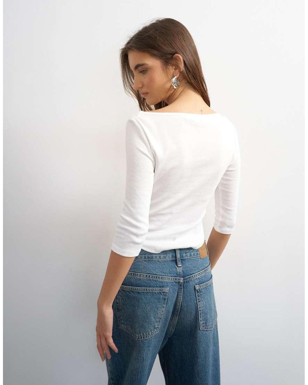 TOPSHOP White Slash Neck Curve Hem Top