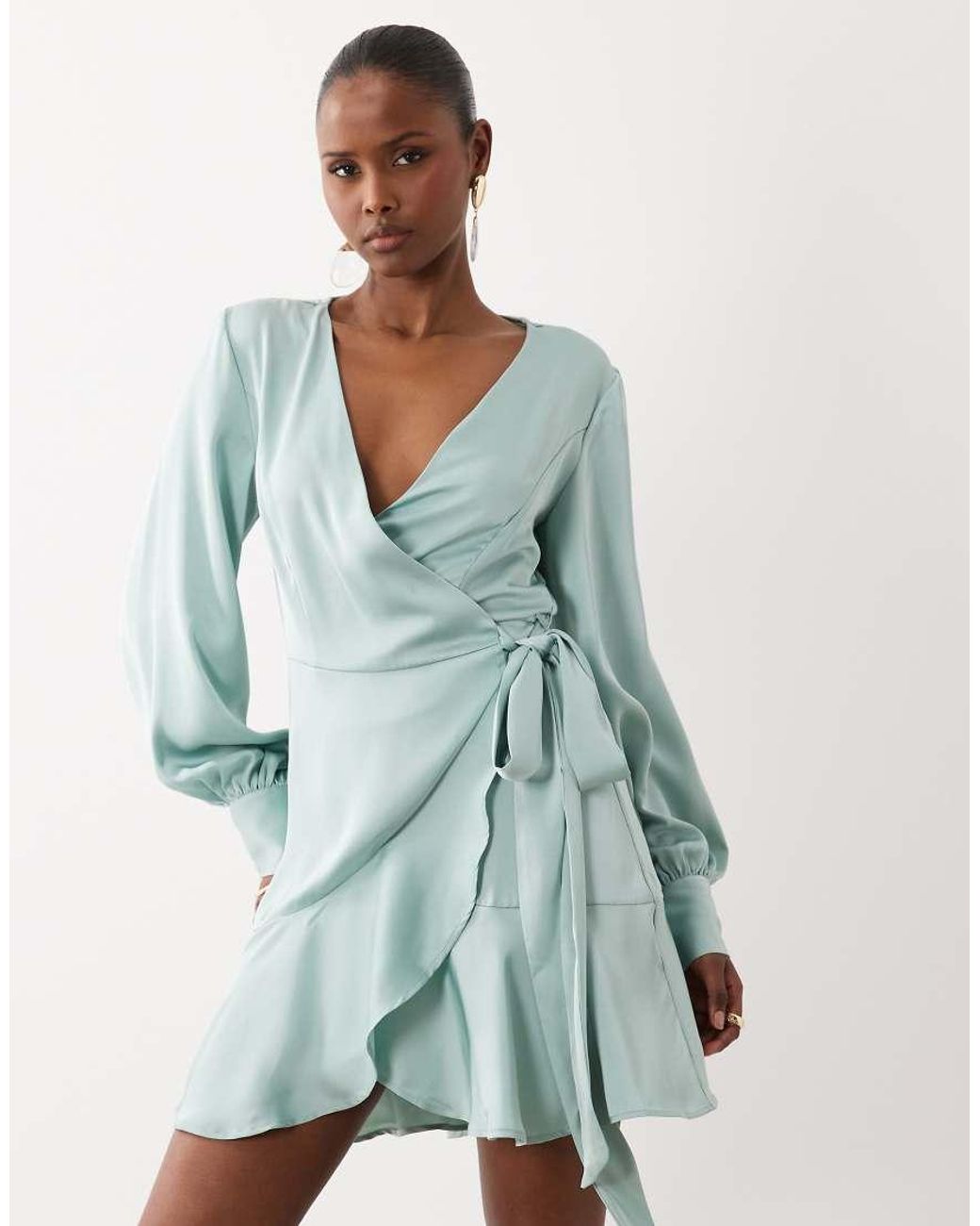 Vila Blue Long Sleeve Satin Wrap Mini Dress