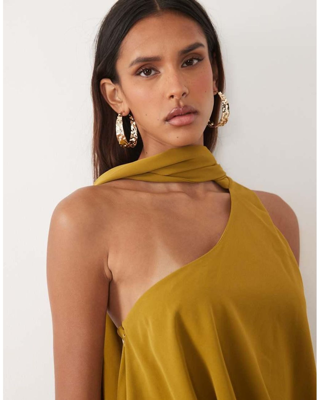 ASOS Metallic Asos Design Tall One Shoulder With Tie Neck Maxi Dress