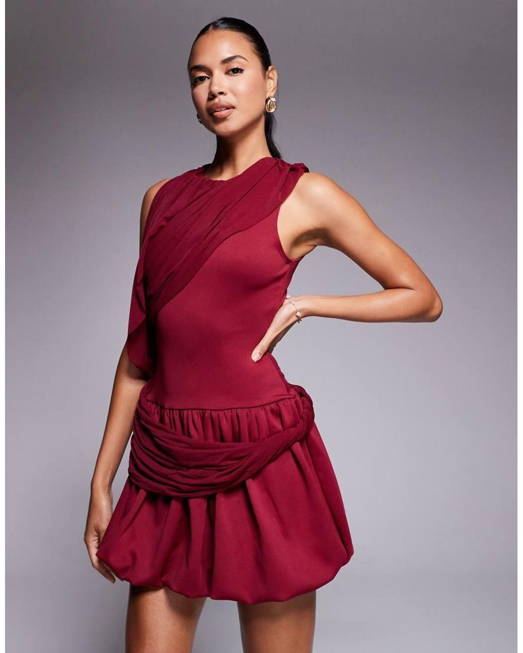 ASOS Red Drape Shoulder Mini Dress With Puff Skirt
