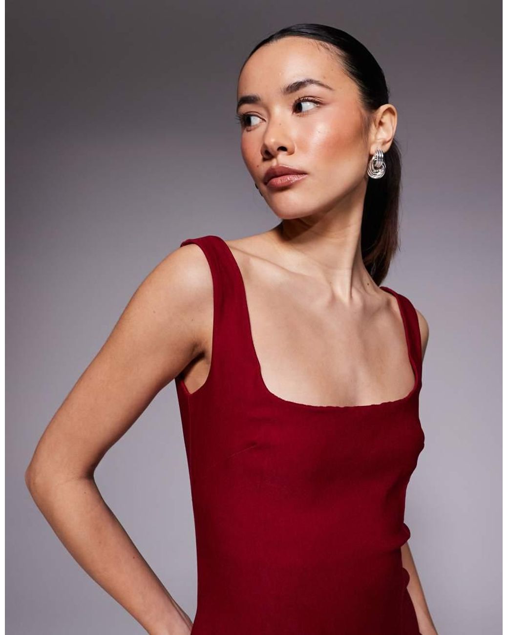 Vesper Petite Red Bengaline Square Neck Bodycon Midi Dress