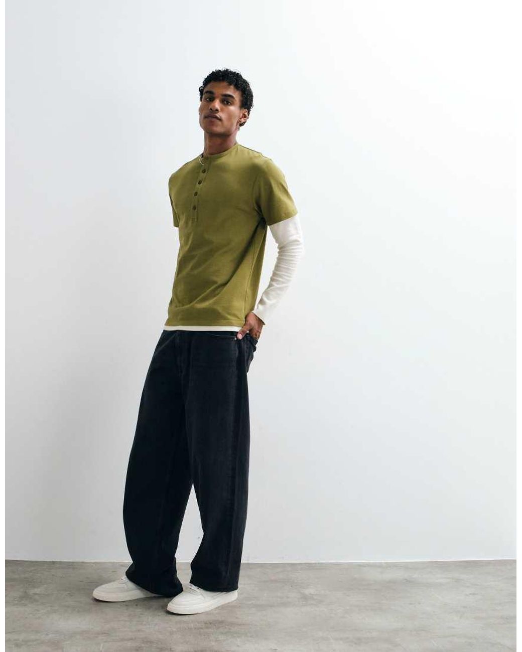 ASOS Green Regular Fit Long Sleeve T-Shirt With Henley And Double Layer for men