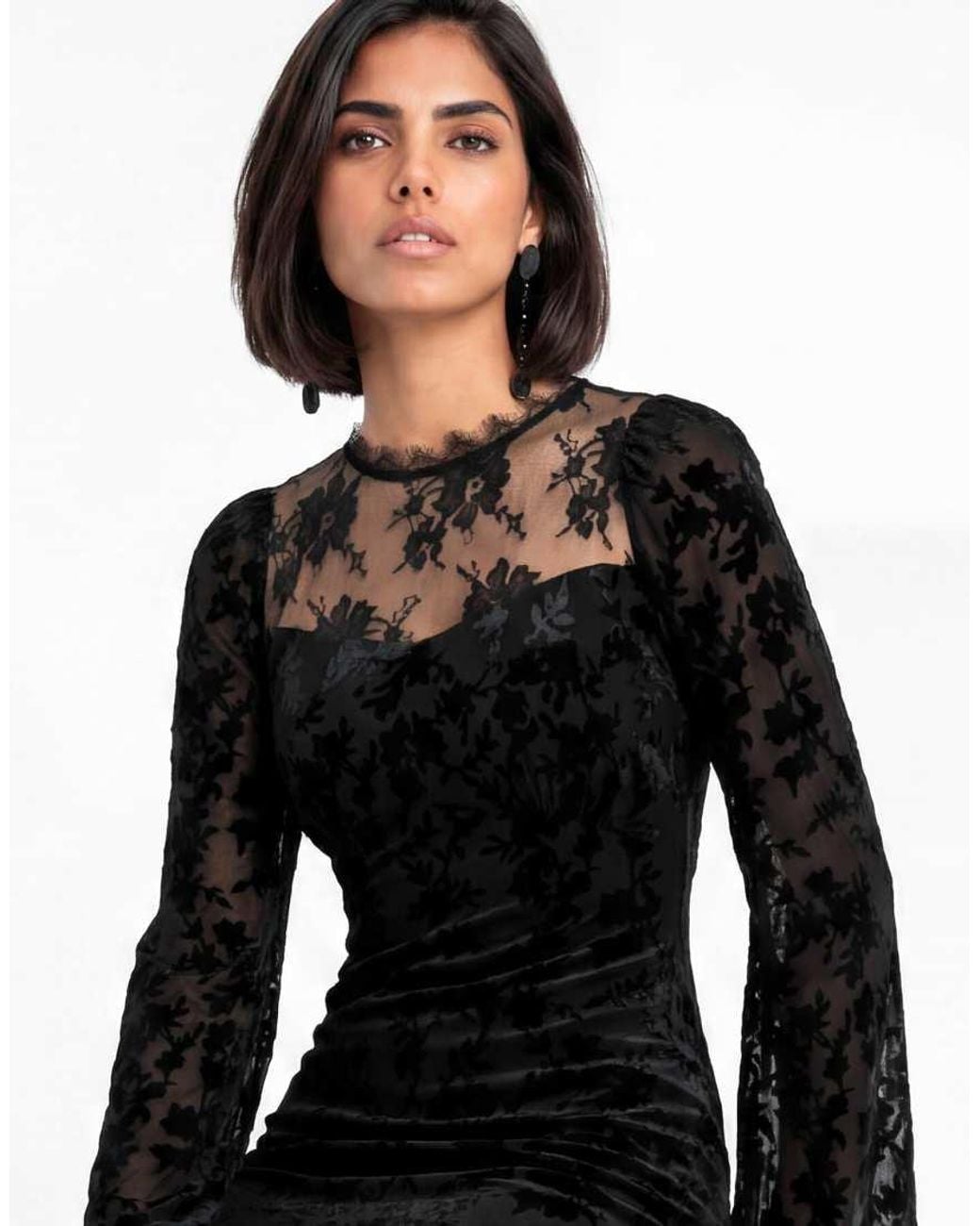 Maya Black Floral Velvet Burnout Bell Sleeve Maxi Dress