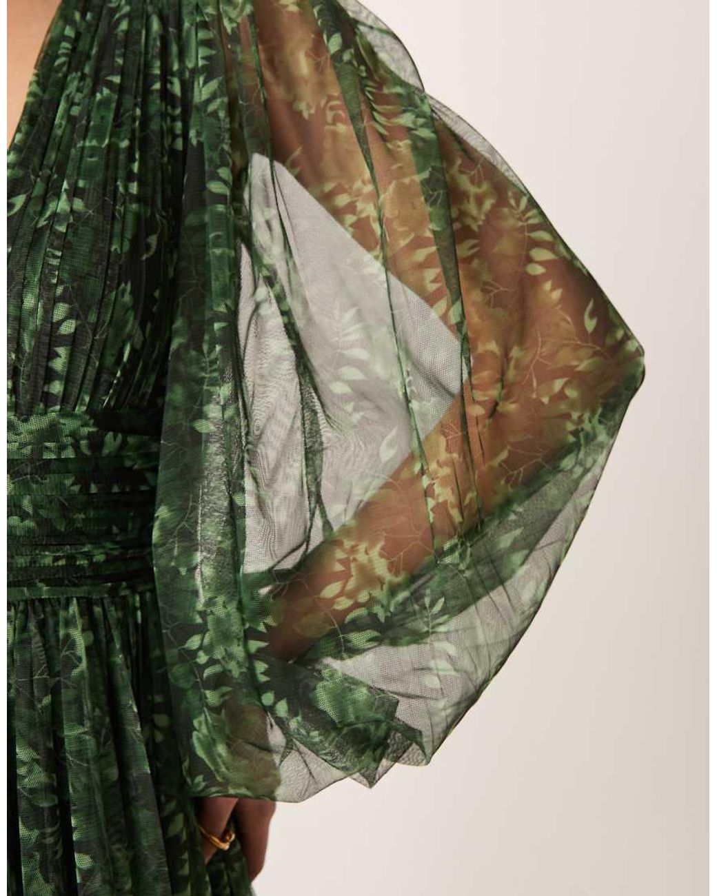 LACE & BEADS Green Deep V-neck Sheer Bell Sleeve Maxi Dress