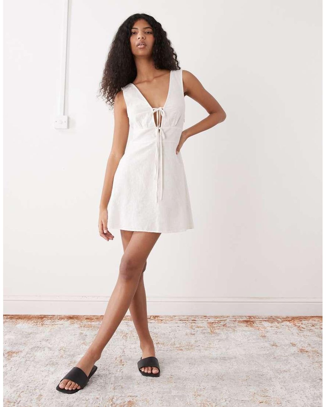 Monki White Linen Blend Tie Front Mini Dress