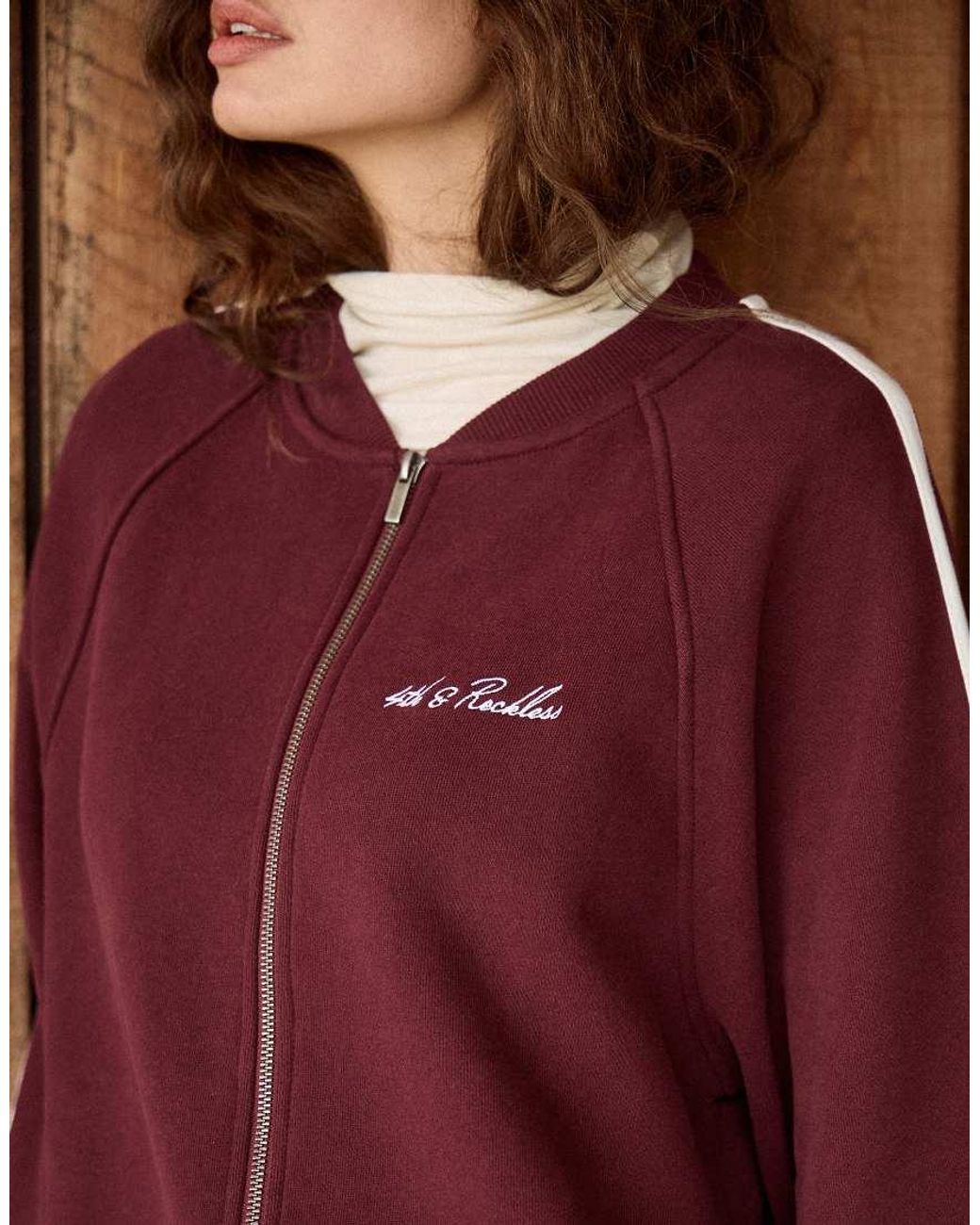4th & Reckless Brown Cotton Rich Zip Through Embroidered Logo Bomber Sweatshirt Co-Ord