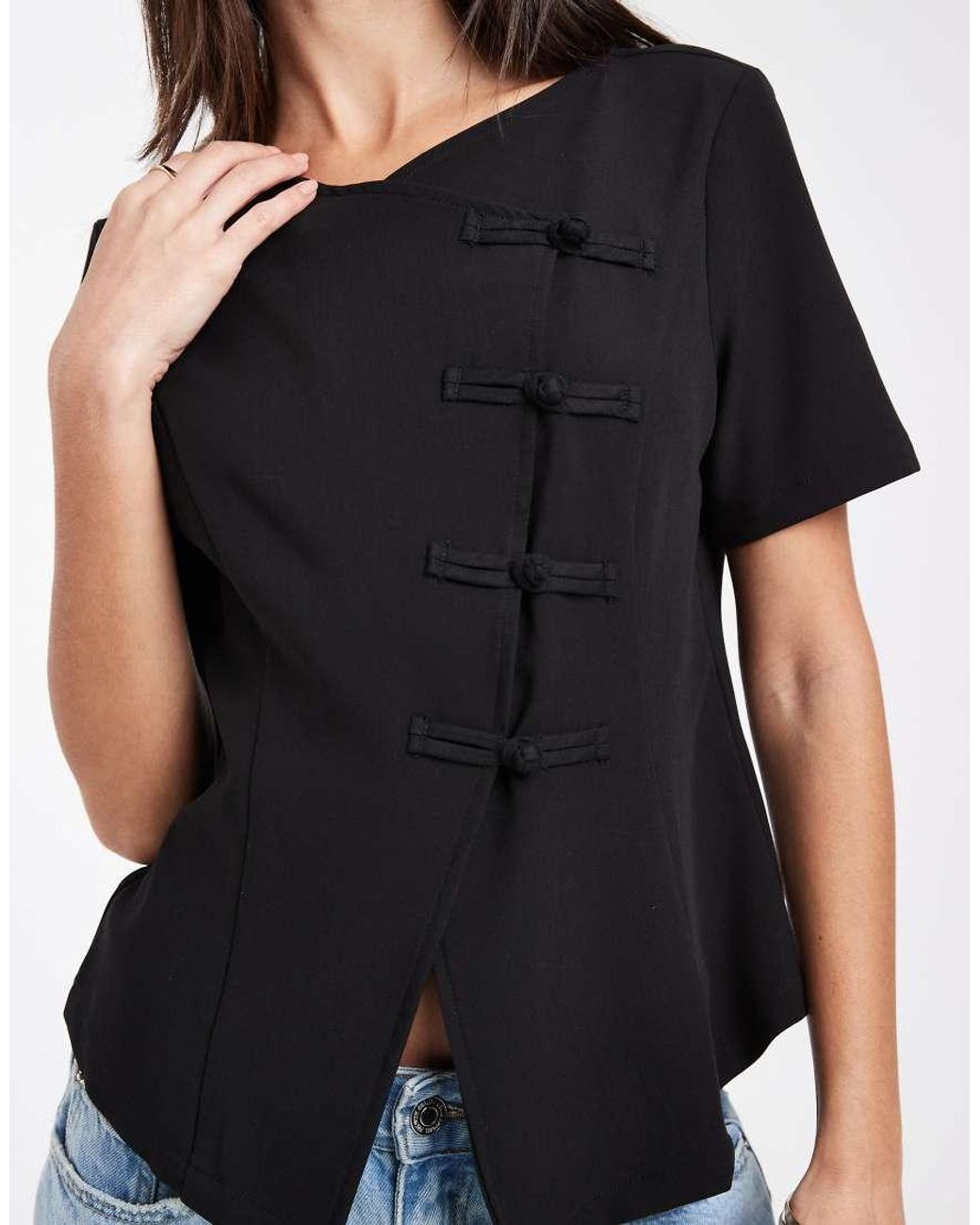 Vero Moda Black Asymmetric Hem Woven Top With Mandarin- Style Fastening