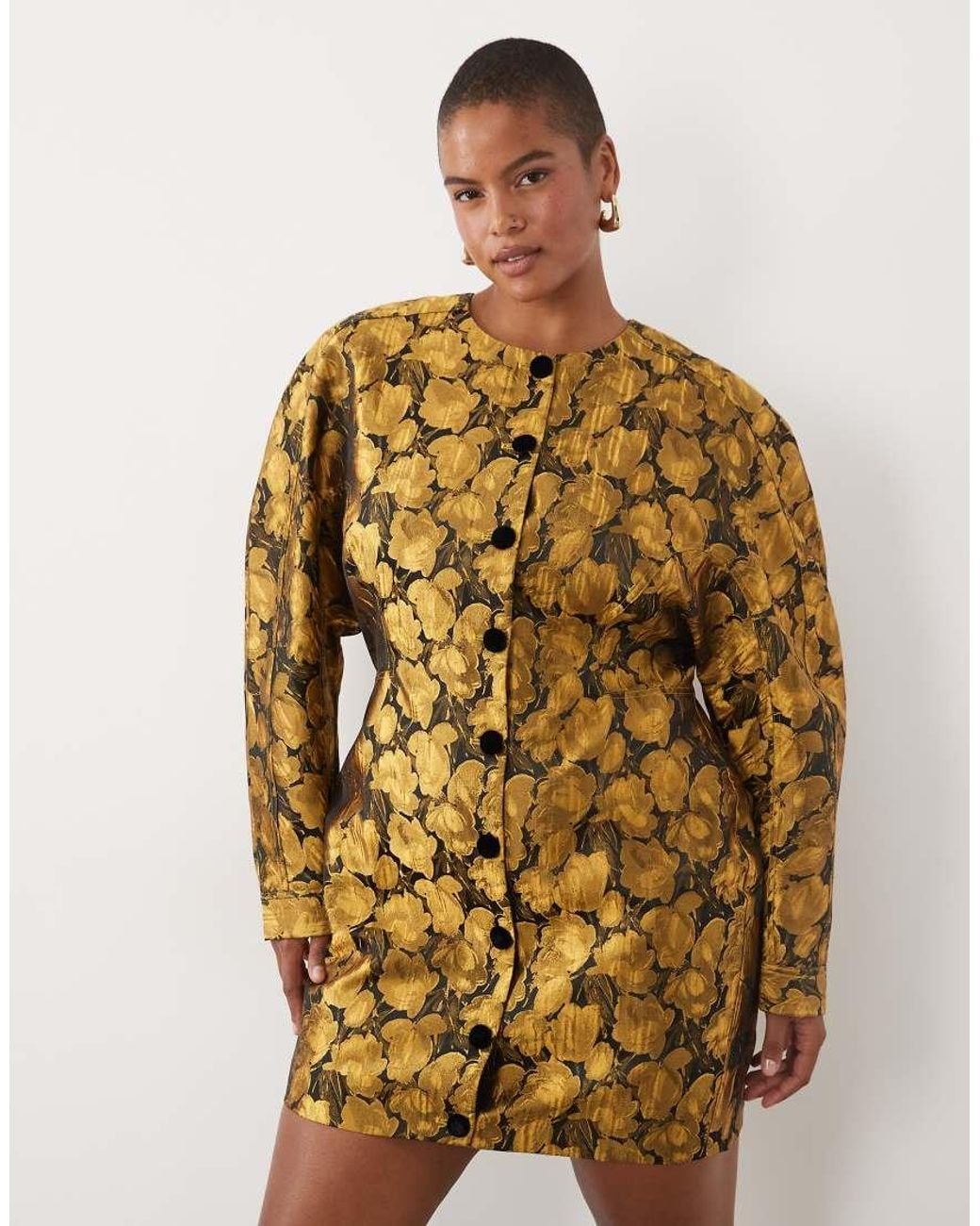 ASOS Yellow Asos Design Curve Crew Neck Structured Button Down Mini Dress