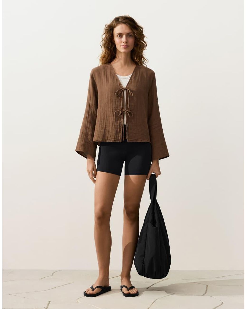 Oysho Brown Long-sleeved Shirt With Ties 100% Cotton