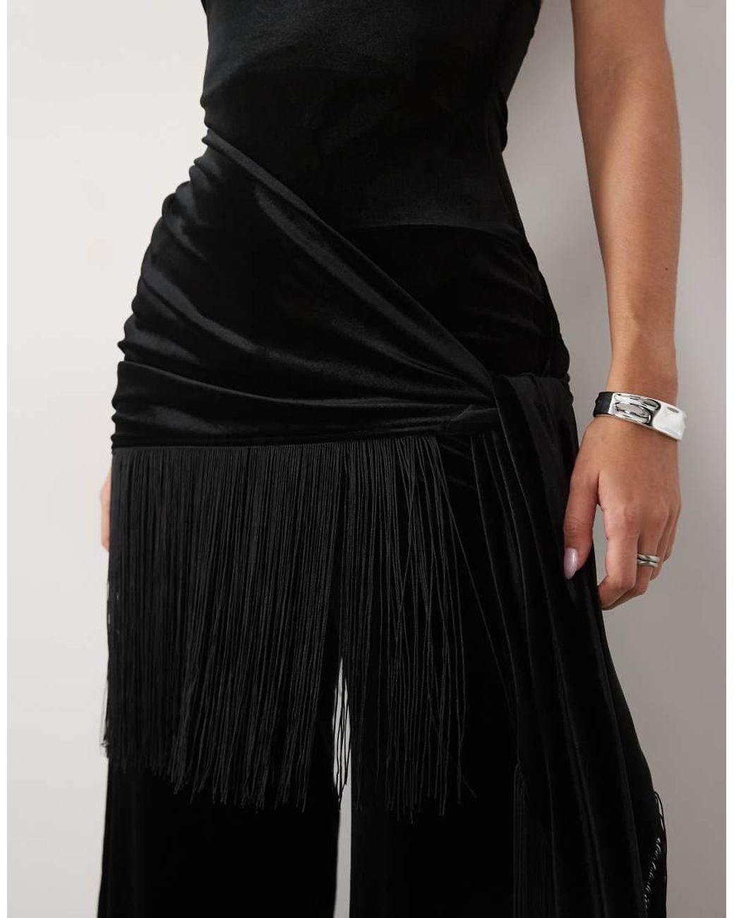 ASOS Black Halter Neck Velvet Jumpsuit With Fringe Wrap Detail