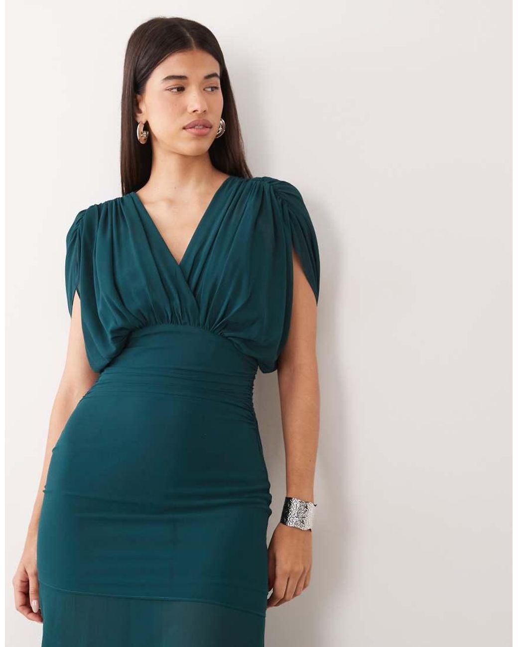 TFNC London Blue Chiffon Gathered Waist Sheer Drop Hem Maxi Dress