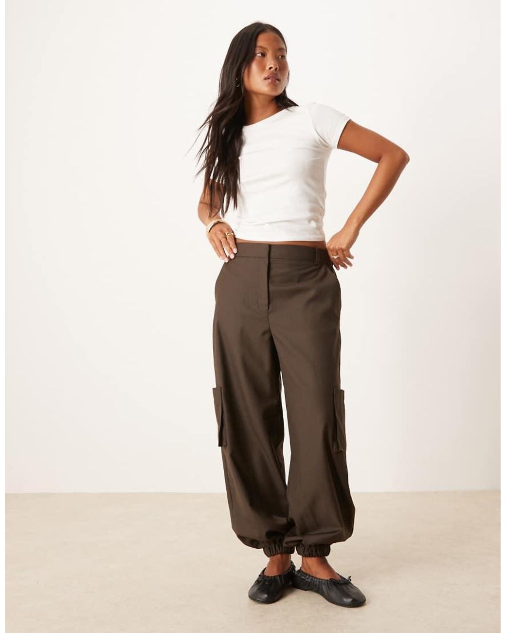 ASOS Brown Petite Tailored Straight Leg Trousers With Cuff And Utility Pocket Detail