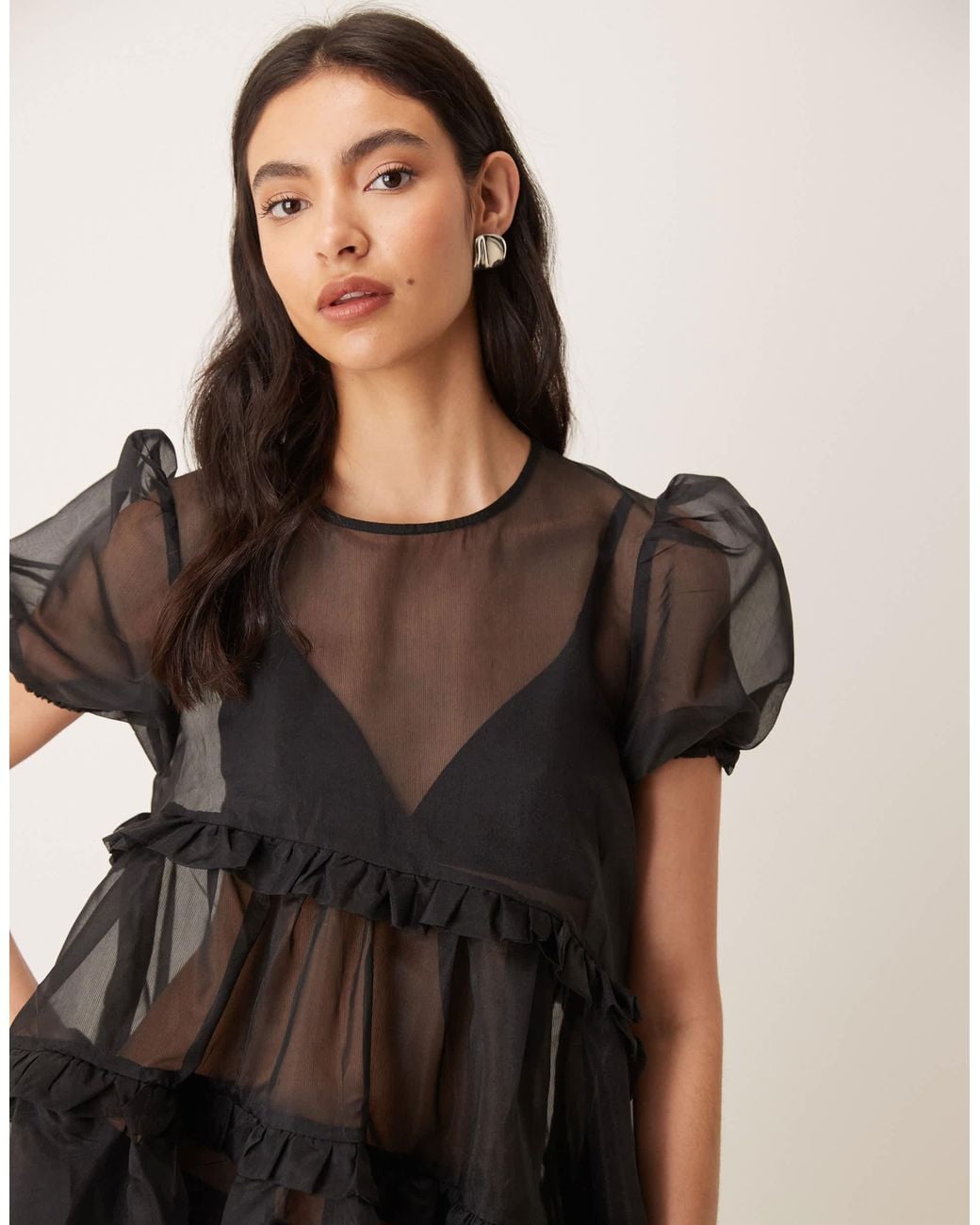 Ghospell Exclusive Sheer Organza Puff Sleeve Tiered Ruffle
