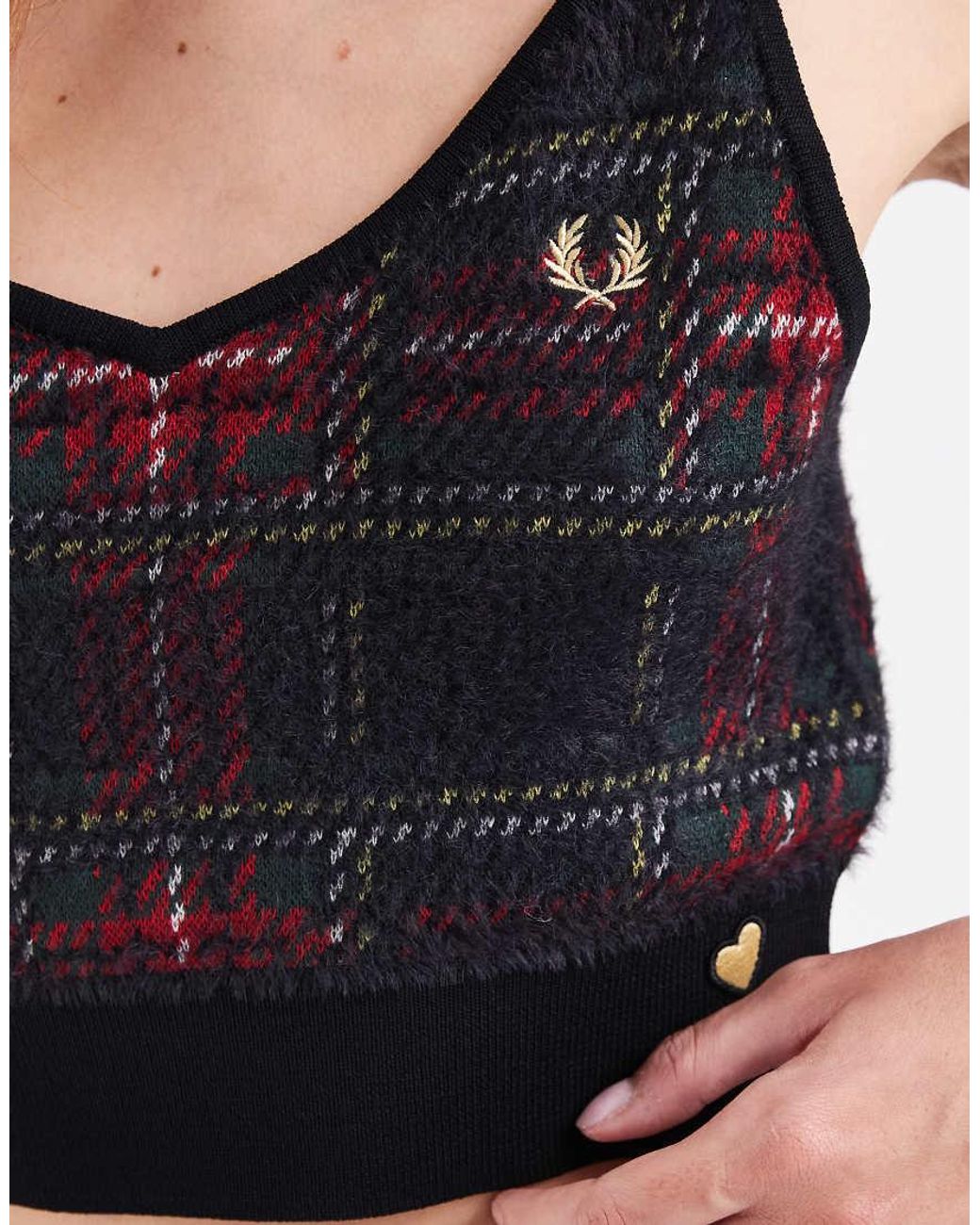 Fred Perry Black F Perry X Amy Winehouse Knitted Tartan Logo Crop Cami Top