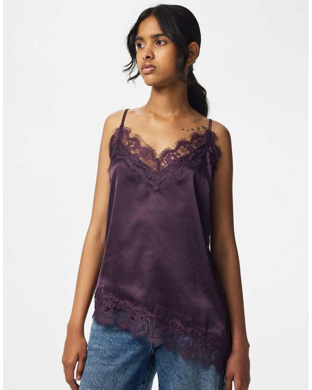 Pieces Purple Nomi Satin Long Line Fit V-neck Sleeveless Top