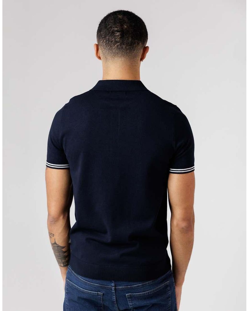 French Connection Blue Arm Stripe Short Sleeve Button-Up Polo Shirt for men