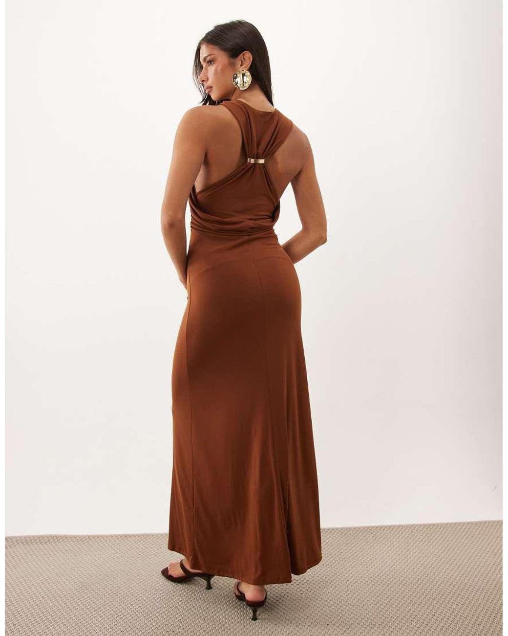 ASOS Brown Column Maxi Dress With Trim Back Detail