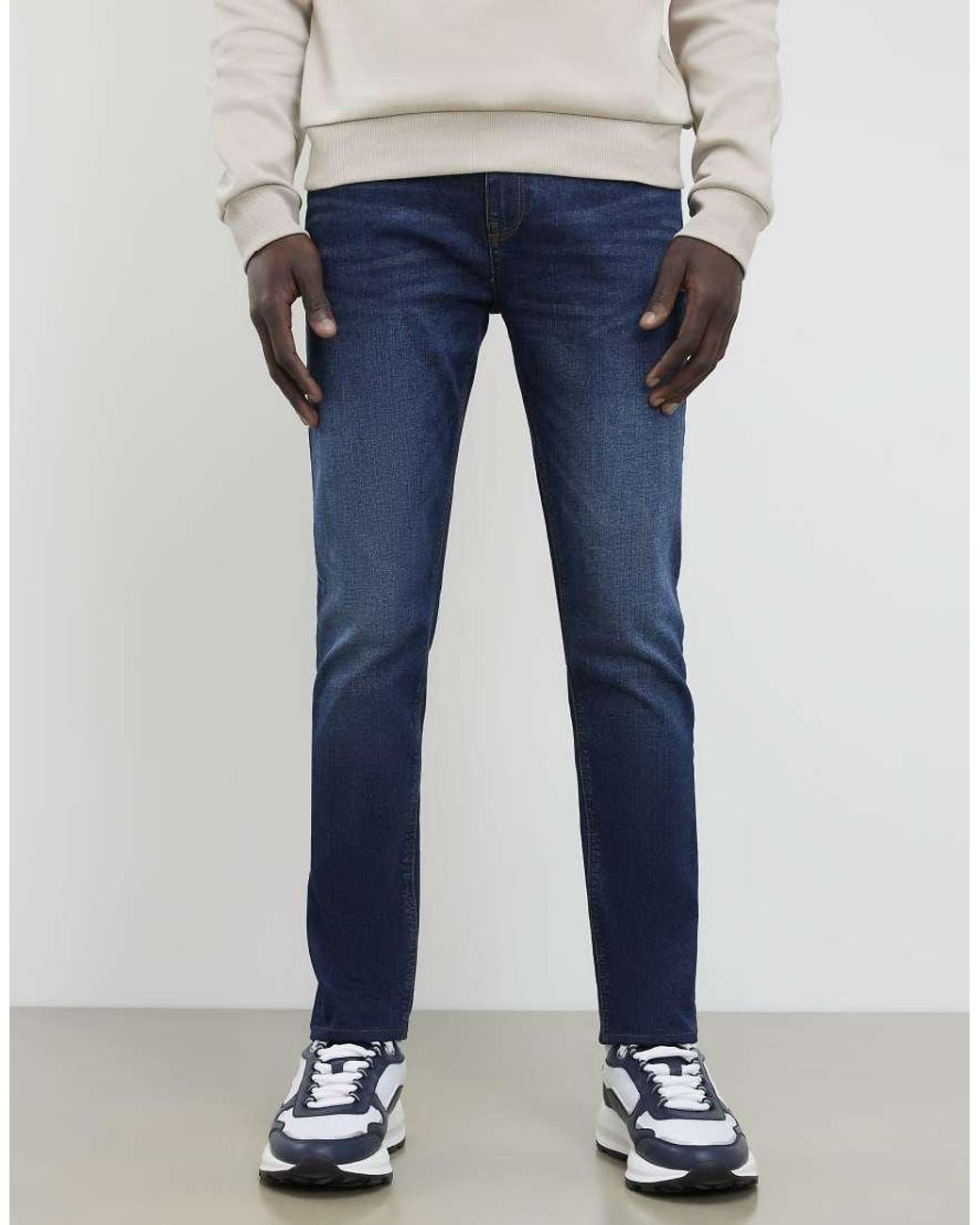 River Island Blue Skinny Fit Mid Wash Jeans for men