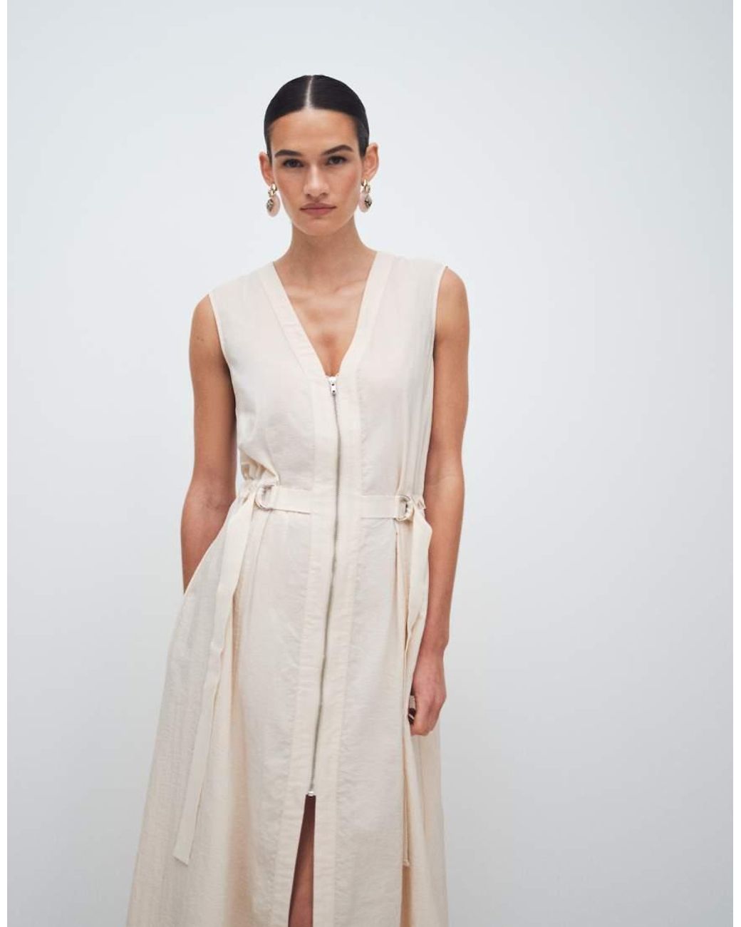 TOPSHOP White Crinkle V Neck Zip Front Utility Maxi Dress