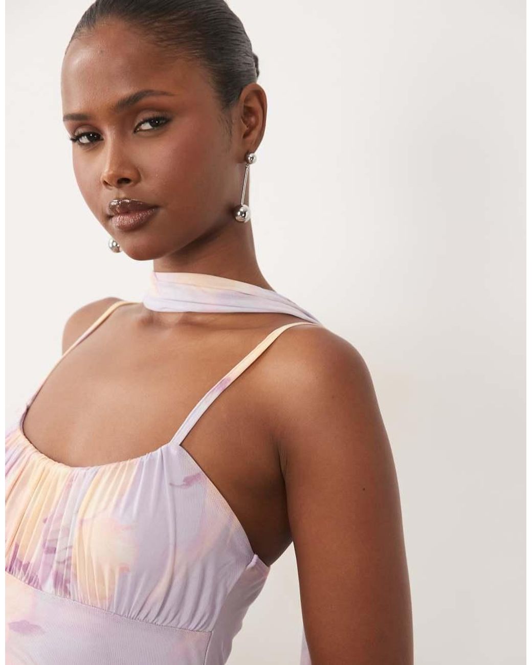 ASOS Pink Printed Mesh Ruched Bust Maxi Dress With Scarf Detail