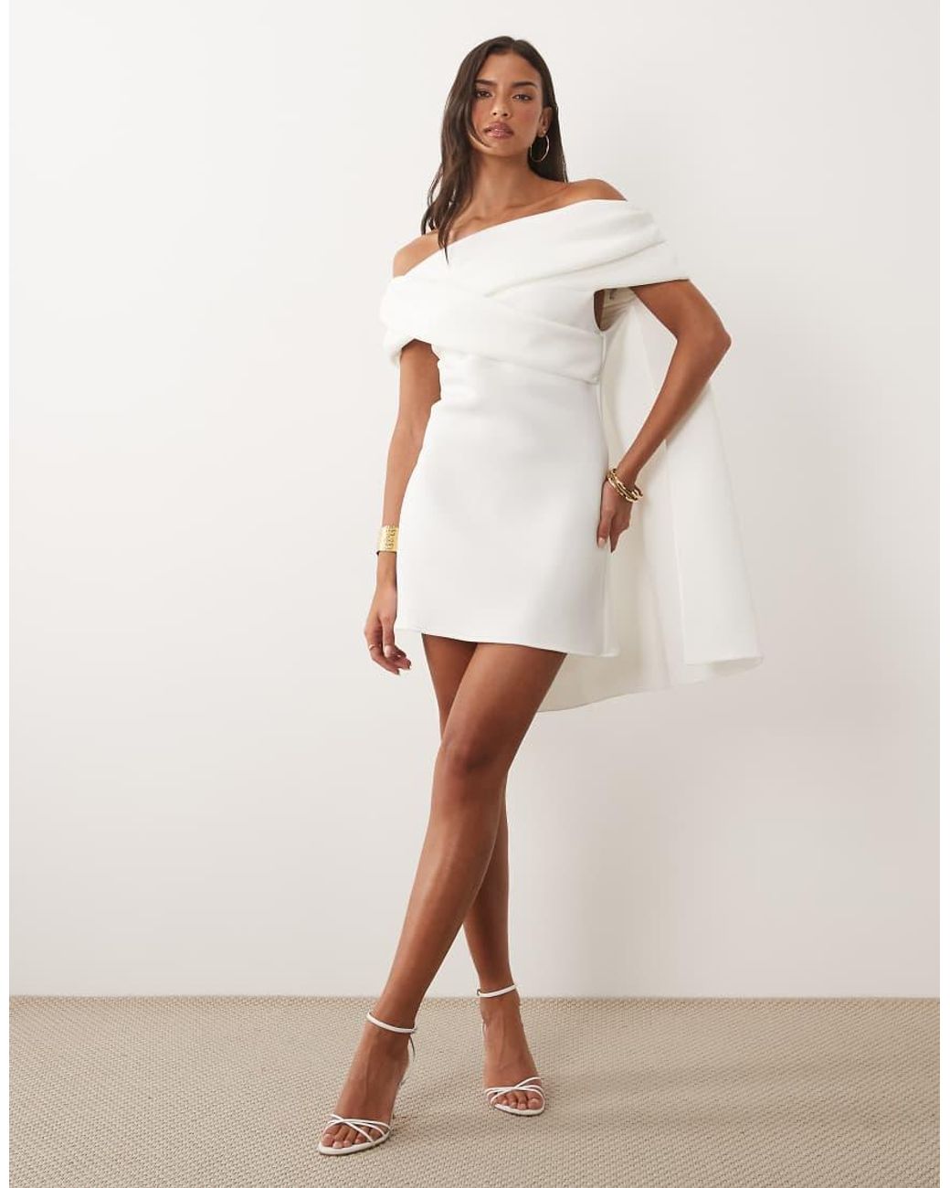 ASOS Natural Twisted Off The Shoulder Mini Dress With Cape