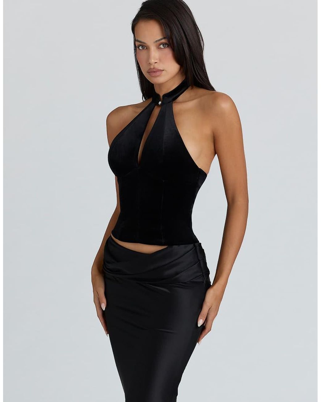 House Of Cb Black Zia Velvet Halter Neck Top