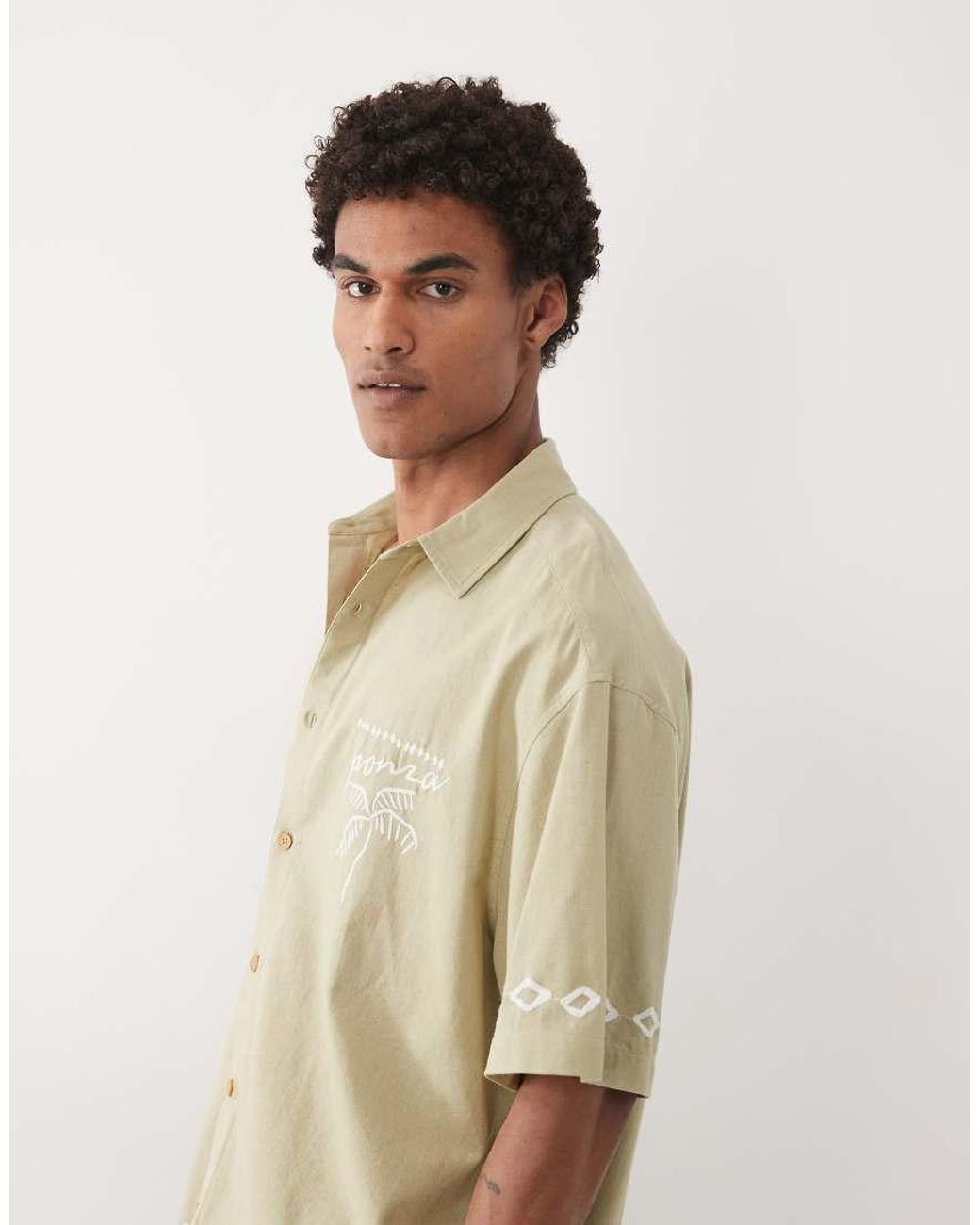 ASOS Natural Oversized Shirt With Linen And Embroidery for men