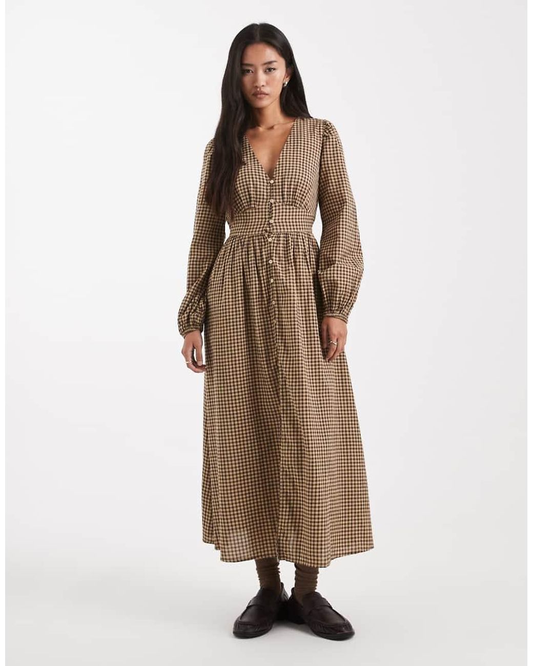 New Look Natural Check Tea Midi Dress