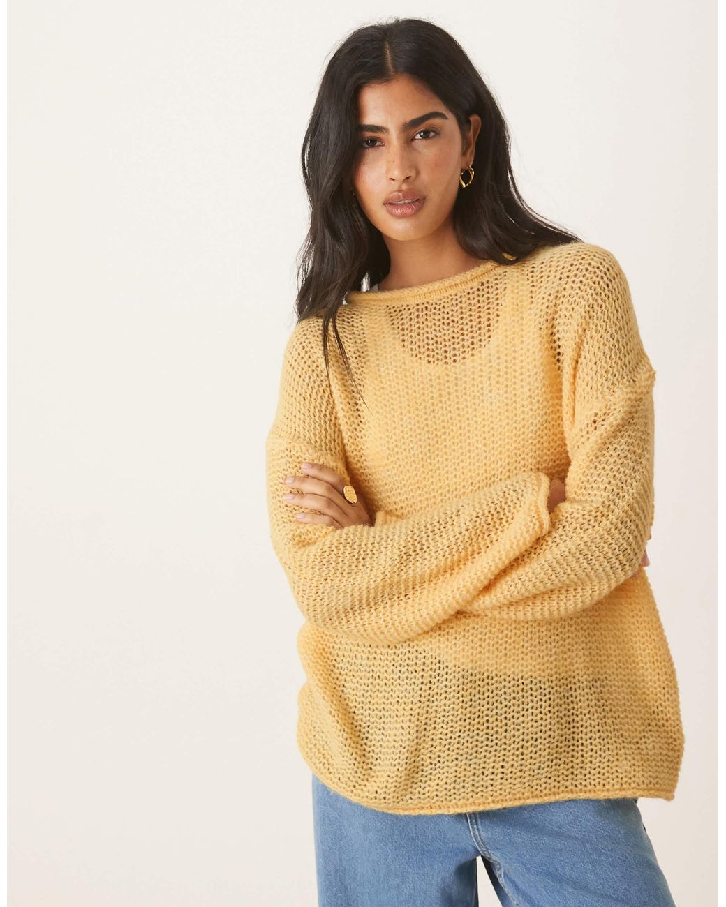 ASOS Yellow – locker geschnittener strickpullover mit u-boot-ausschnitt und gerollten abschlüssen