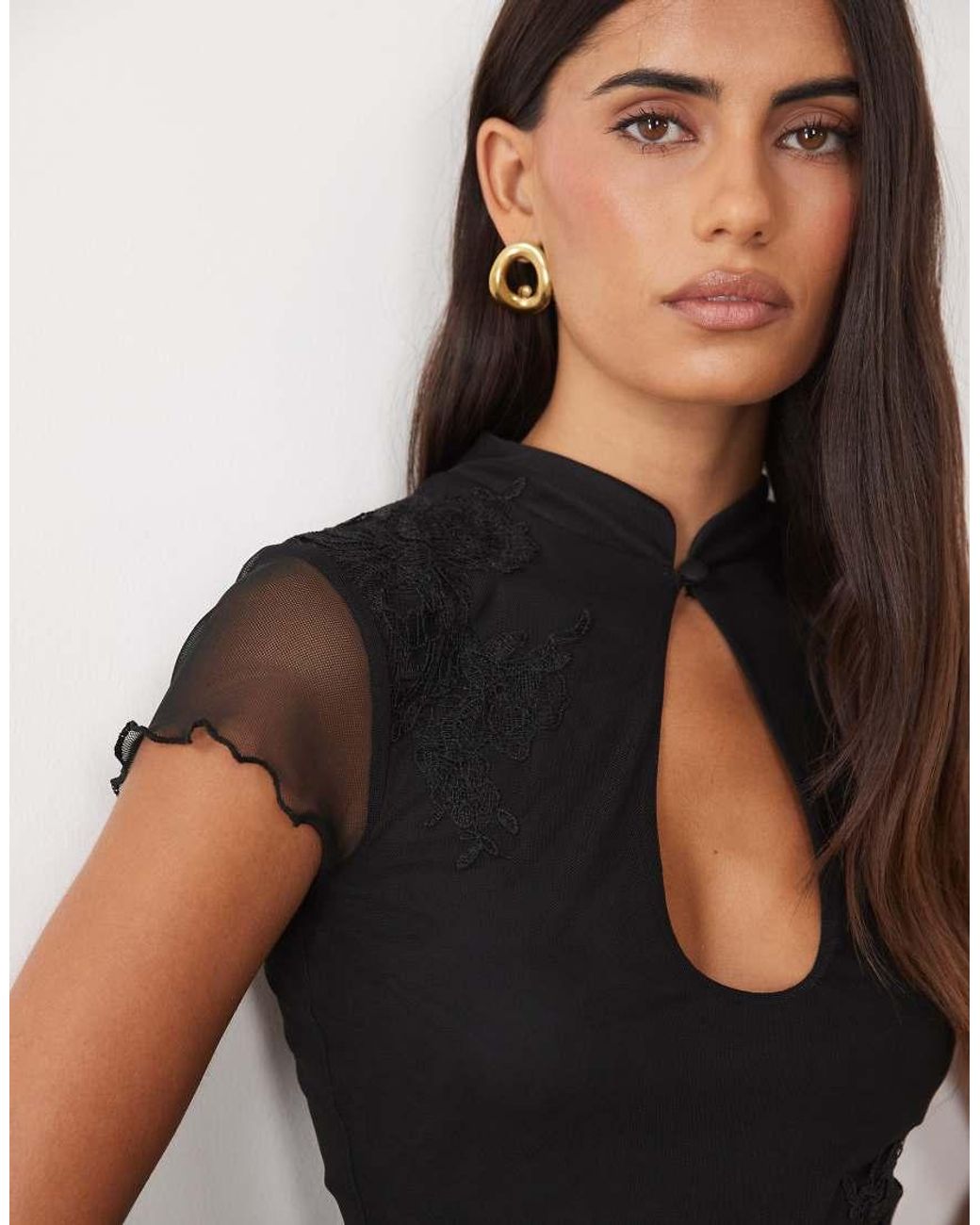 ASOS Black Co-Ord Mesh Short Sleeve Mandarin Top With Lace Detail