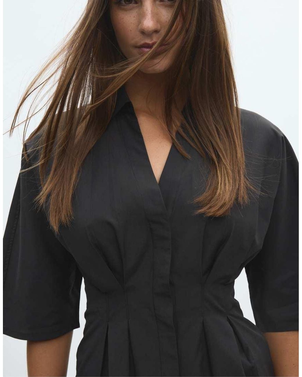 Stradivarius Black Poplin Shirt With Kimono Sleeves And Pleats