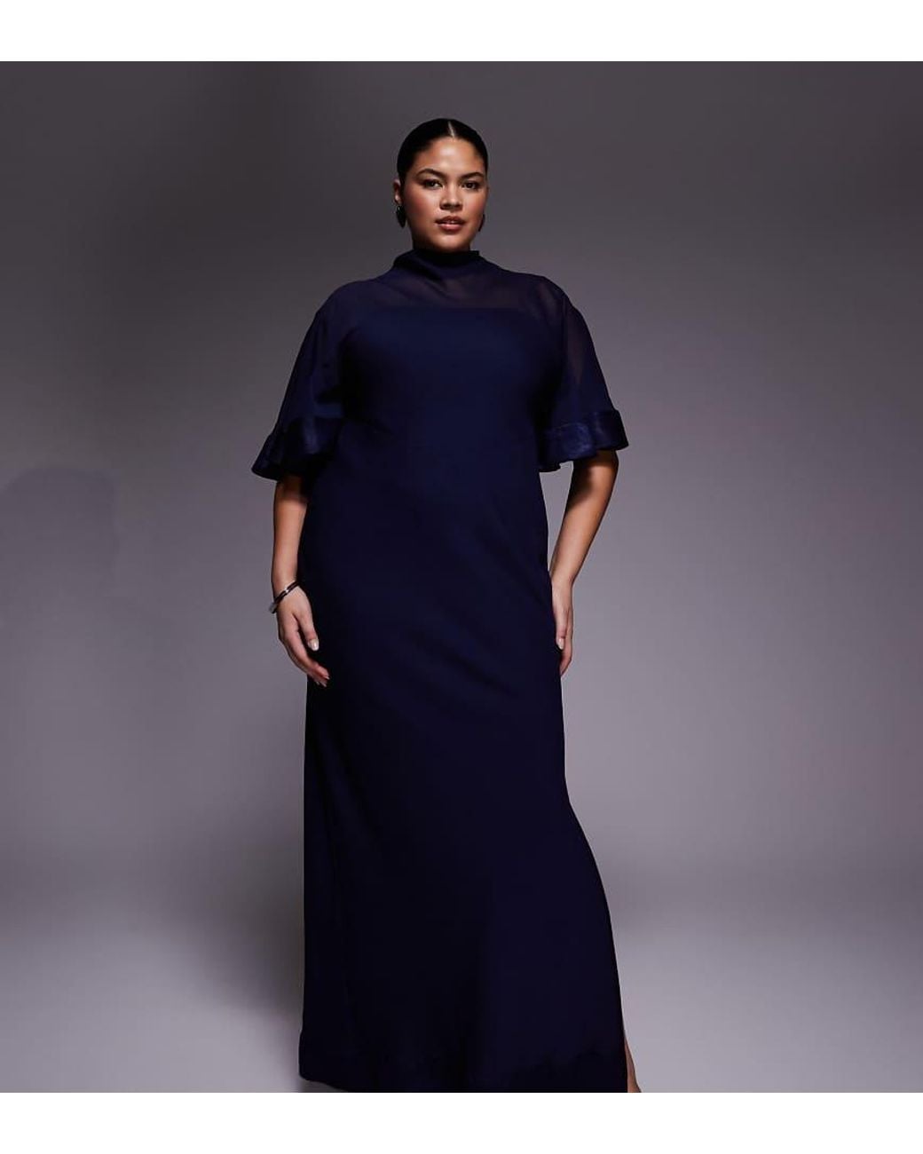 ASOS Blue Asos Design Curve Half Wide Sleeve Column Chiffon And Satin Contrast Dress