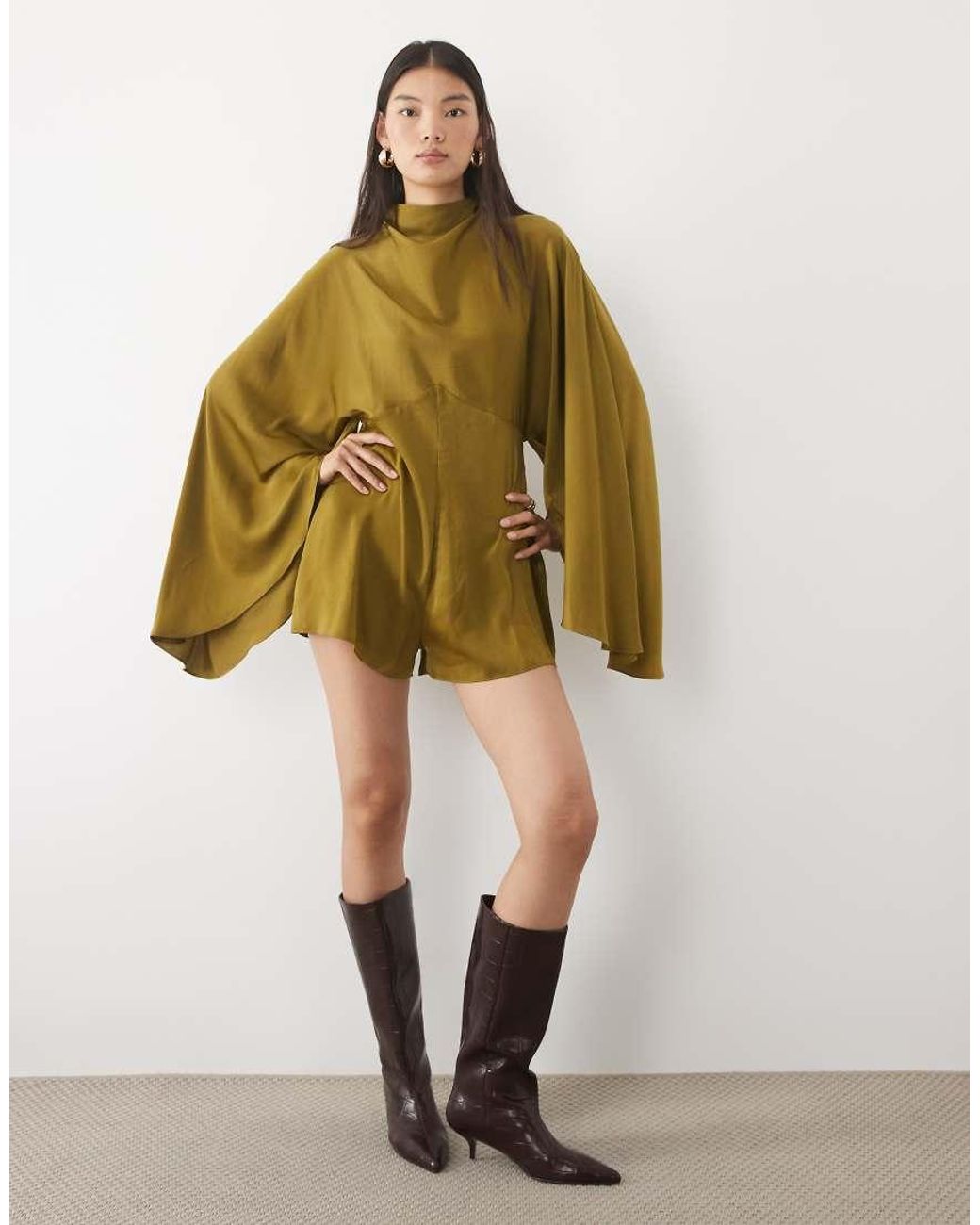 ASOS Green Satin Batwing Playsuit With Extreme Sleeve
