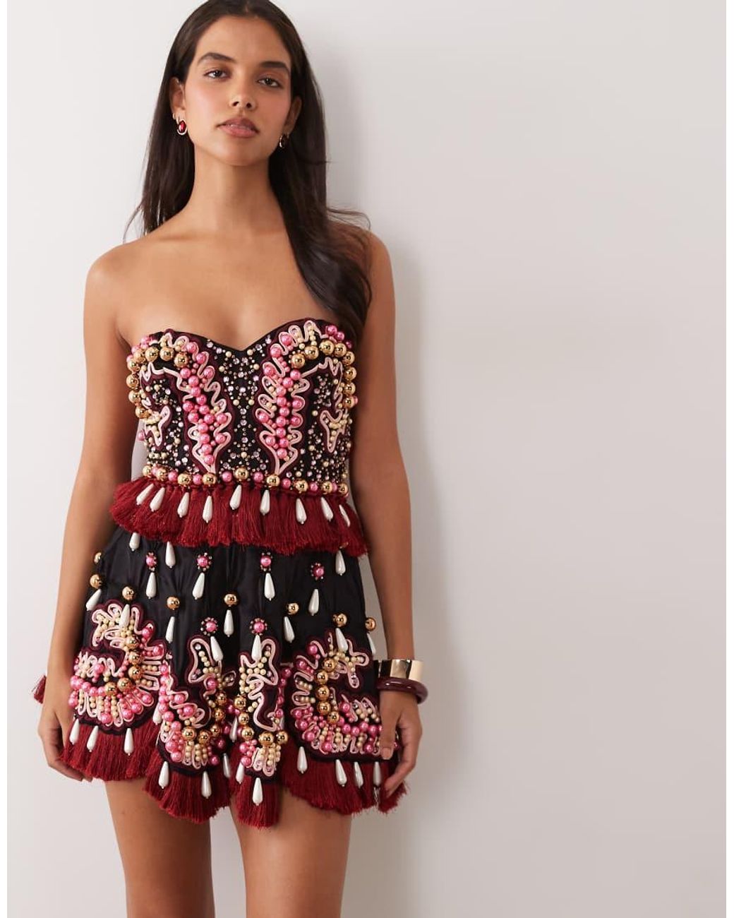 ASOS Red Heavily Embellished Mini Dress With Tassels