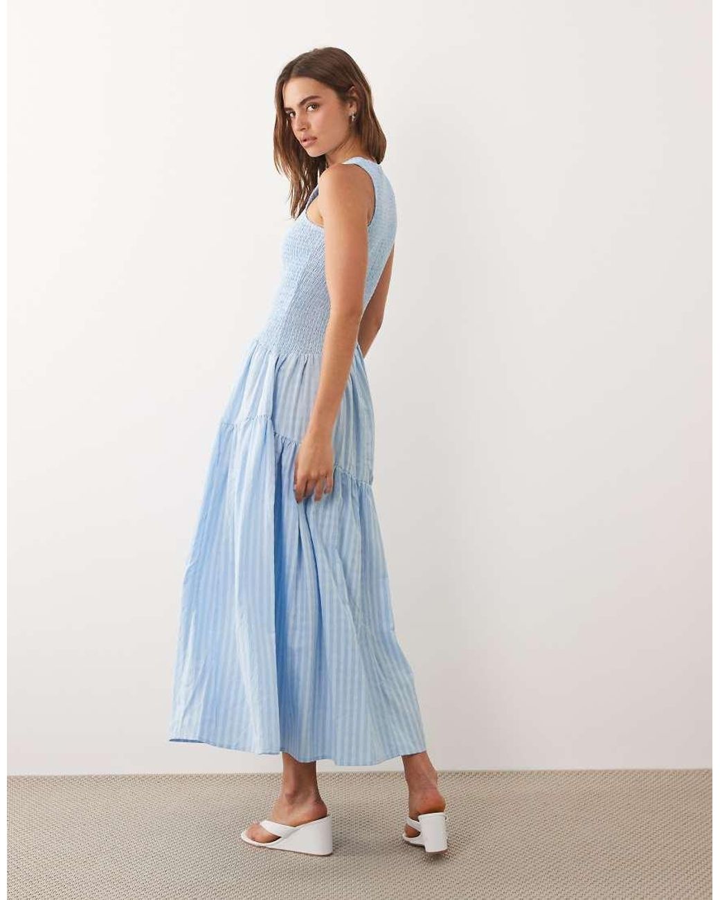 Ghospell Blue Sleeveless Shirred Bodice Asymmetric Detail Tiered Skirt Midi Dress