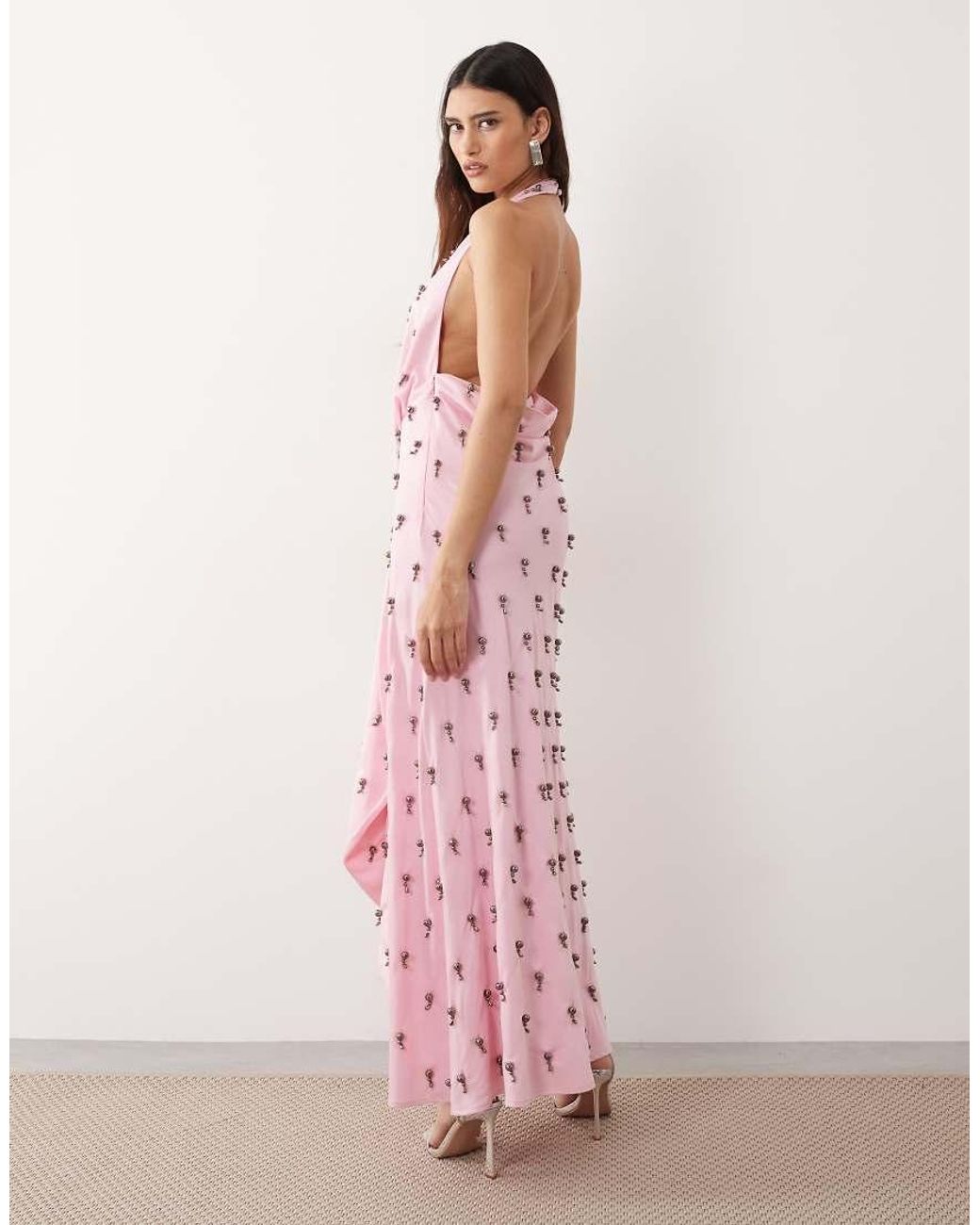 ARRANGE Pink Embellished Plunge Tie Halter Maxi Dress