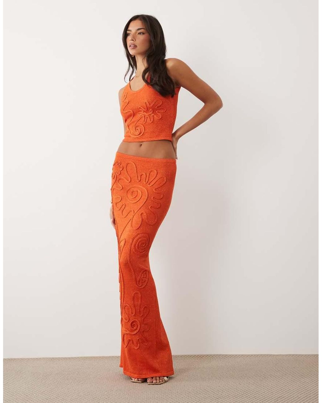 Wanderdoll Orange Eliza Metallic Knit Abstract Detail Scoop Neck Top Co-Ord