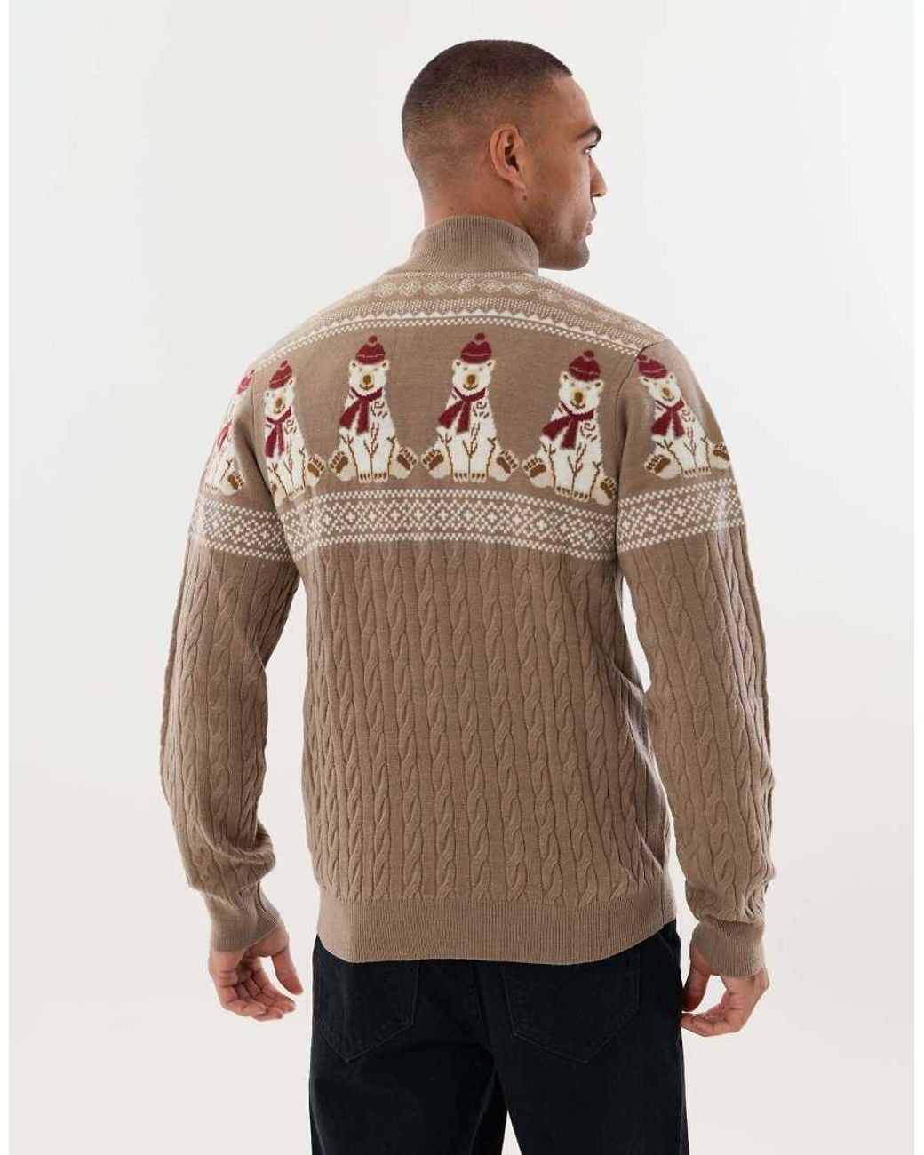 Threadbare Brown Christmas Bear Fairisle Quarter Zip Jumper for men